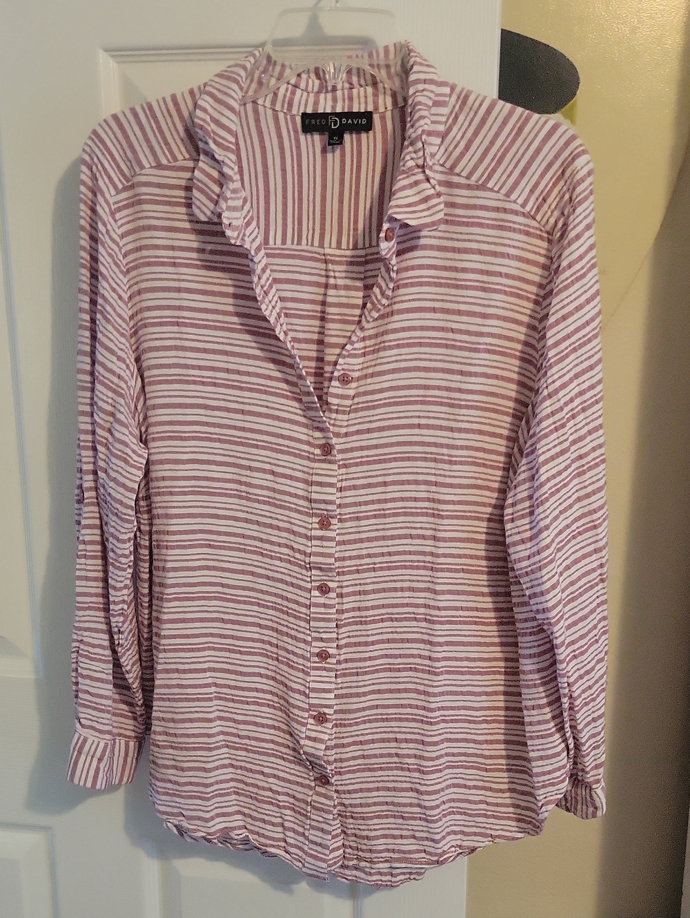Fred David Sz1X Burgundy and White Striped Button-Front Collared Long Slv Shirt